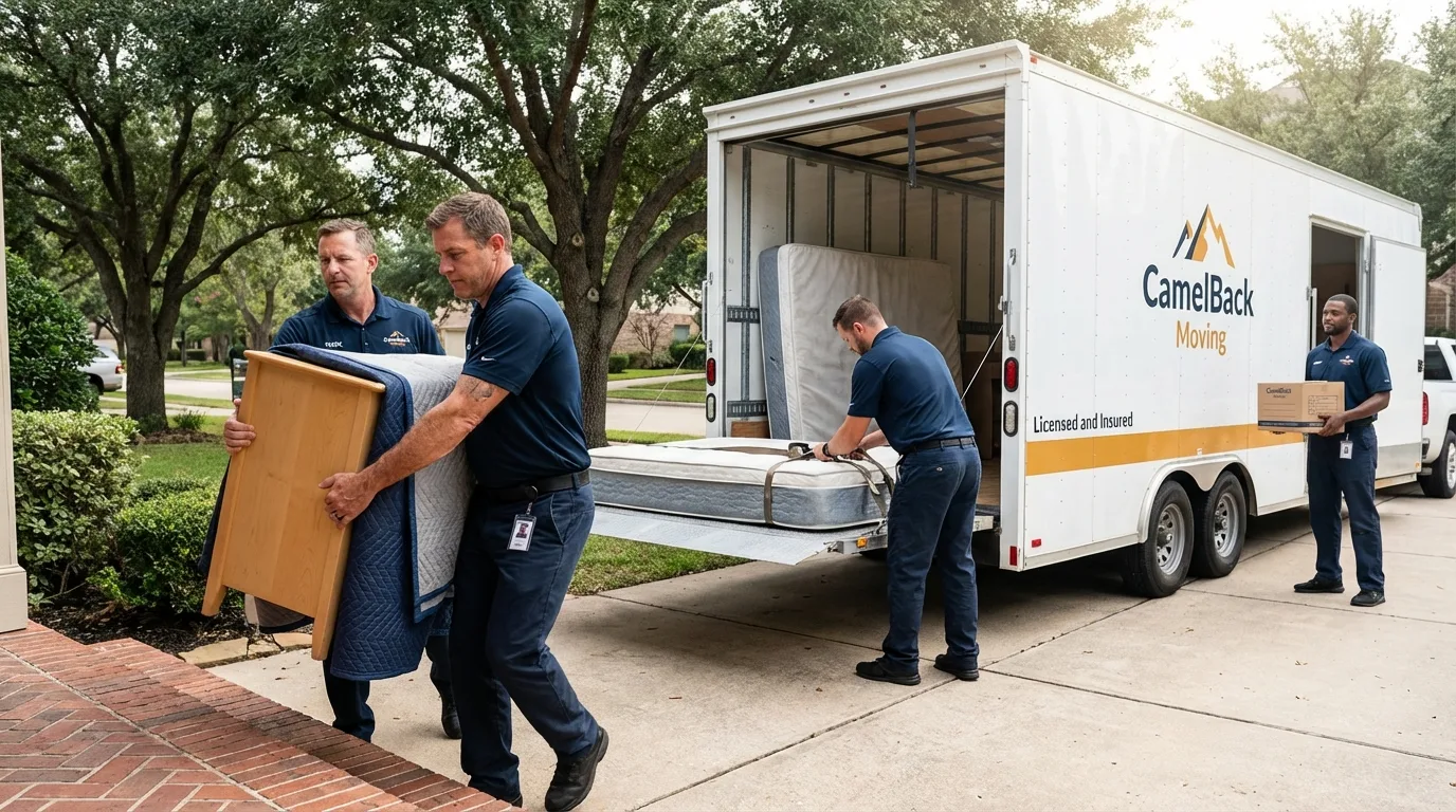 Crew loading residential truck for cross-state move from Washington, IN