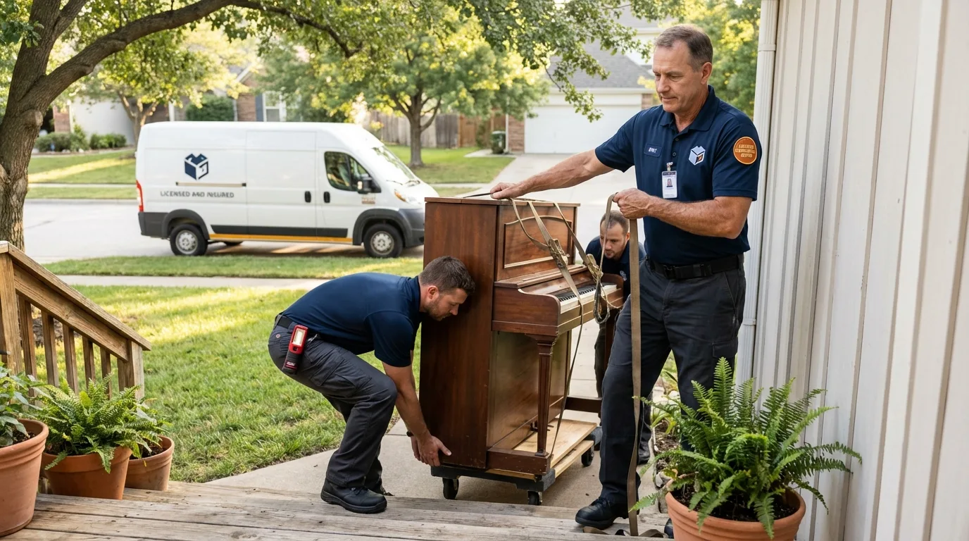 Licensed piano movers securing grand piano in Washington, IN