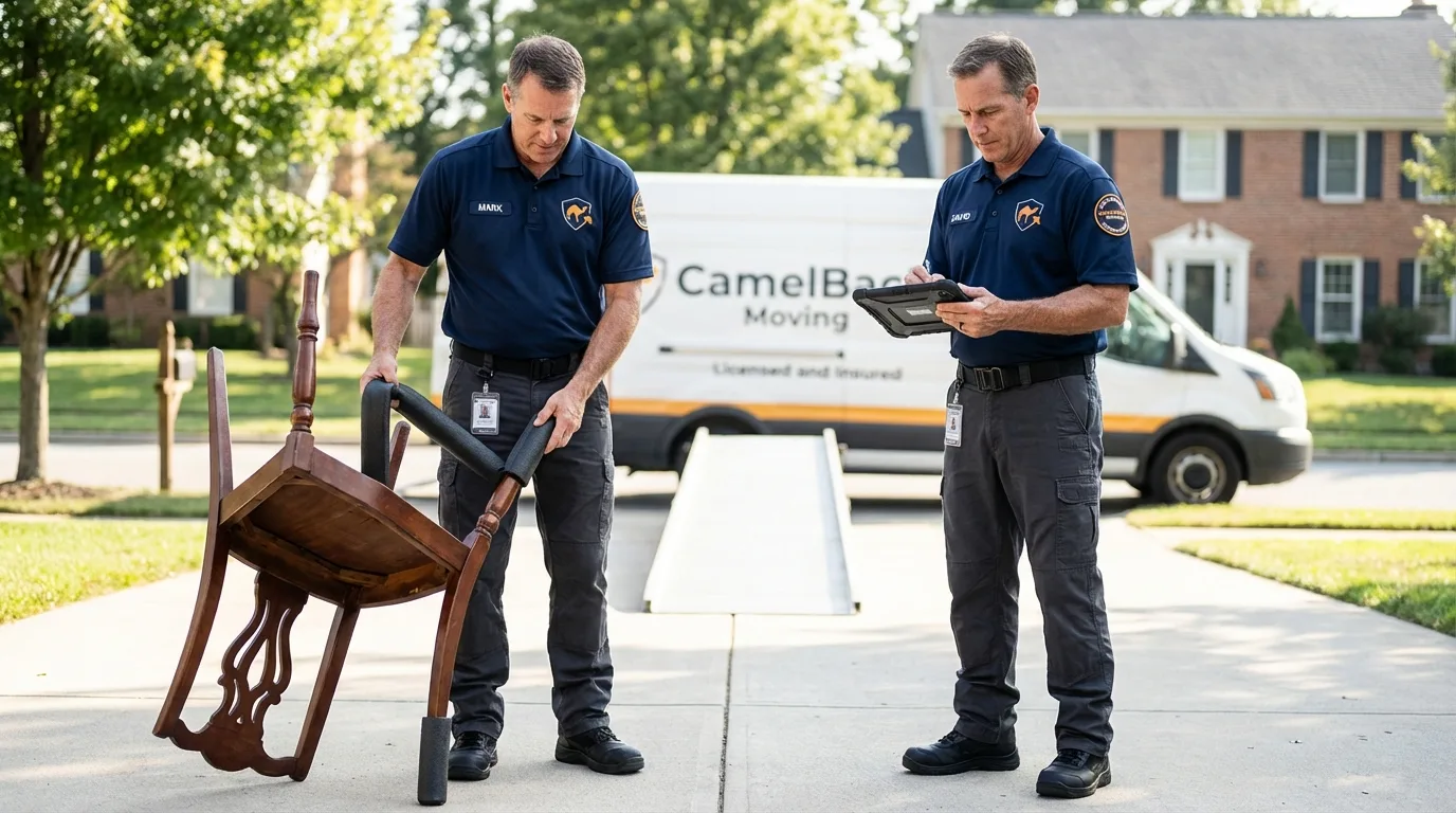Movers inspecting furniture for damage prevention before loading in Washington, IN