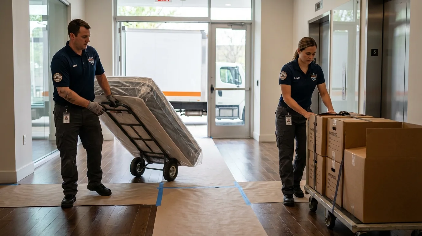 Professional apartment movers loading elevator in Washington, IN