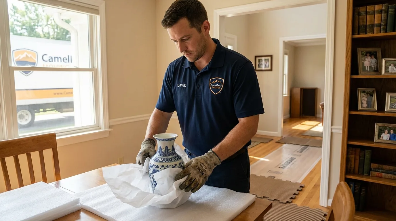 Professional crew carefully wrapping antique vase for senior downsizing move in Washington, IN